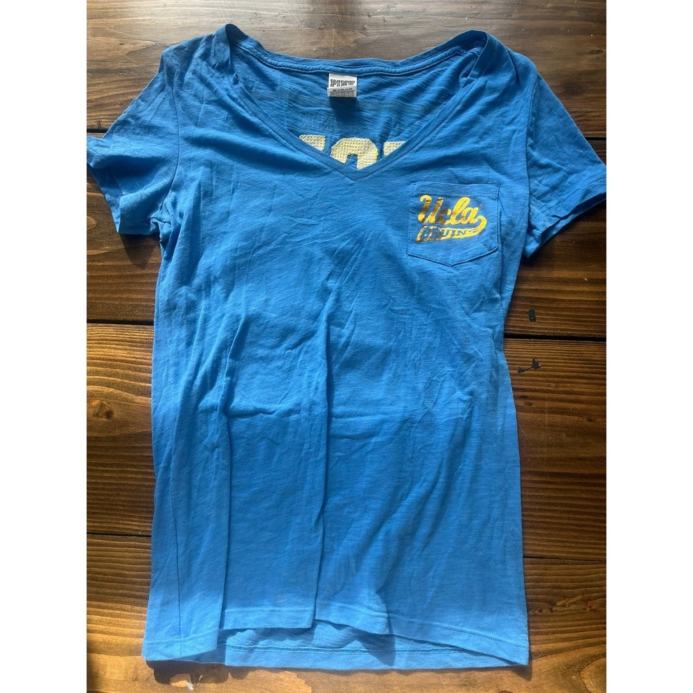 PINK Victoria's Secret UCLA Bruins Sequin V-Neck T-Shirt Blue Gold Small